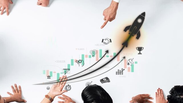 Business team analyzing financial growth with rocket symbolizing success, charts, and hands communicating strategy and collaboration at a table Sigmoid