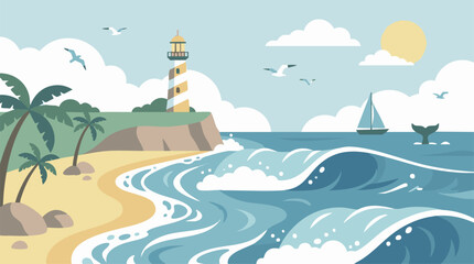Minimalist coastal landscape with lighthouse, beach, ocean, and sailboat © Texturify