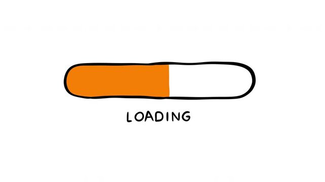 Hand drawn cartoon loading progress bar with orange fill and doodle style outline on white background. Scribble 2d flat animation for game or digital interface.