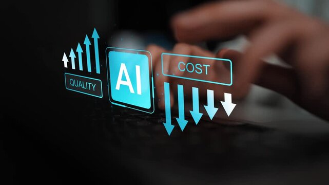 Person Typing on a Keyboard with AI Concept Showing Quality and Cost Indicators in Digital Business Environment Gluon.