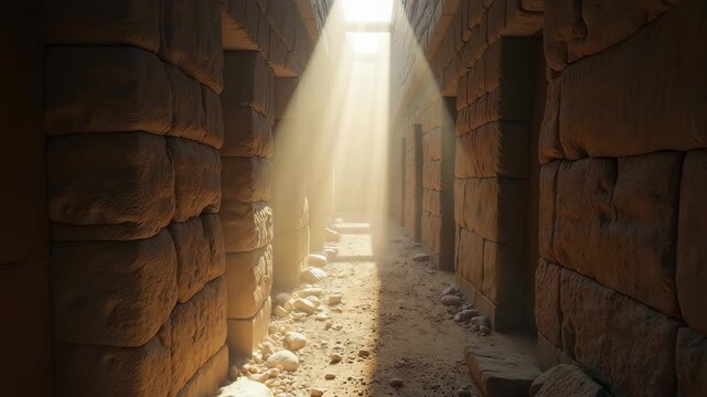 Ancient stone hallway with light beams creating ethereal atmosphere in archaeological site. Dusty stone corridor filled with sunlight, showcasing intricate textures and revealing hidden history.
