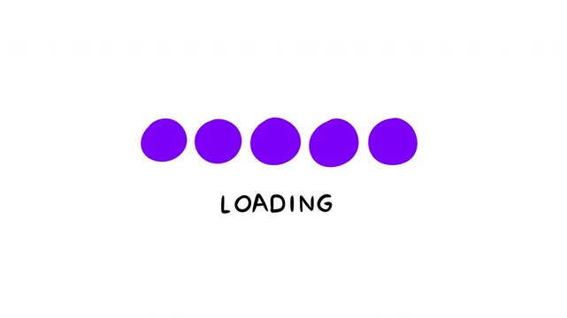 Simple hand drawn purple loading dots animation frame isolated on white background. Scribble 2d cartoon motion element for game or digital interface.