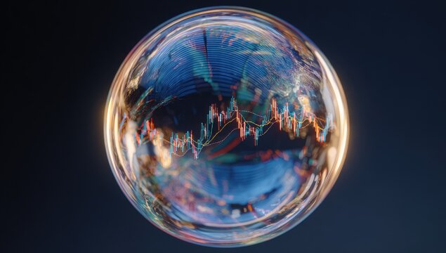 A translucent iridescent bubble encapsulates a glowing financial stock market graph