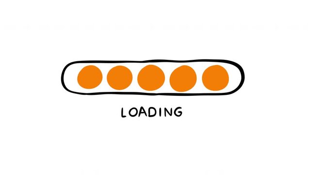 Hand drawn loading indicator or progress bar with orange solid circles inside doodle capsule frame. Scribble 2d cartoon animation for game or digital interface.