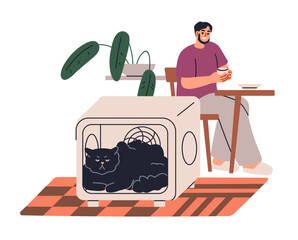 Cat lying inside drying box, automatic electric device for pet grooming. Feline animal in dryer after bath, washing. Fur hygiene, smart gadget. Flat vector illustration isolated on white background