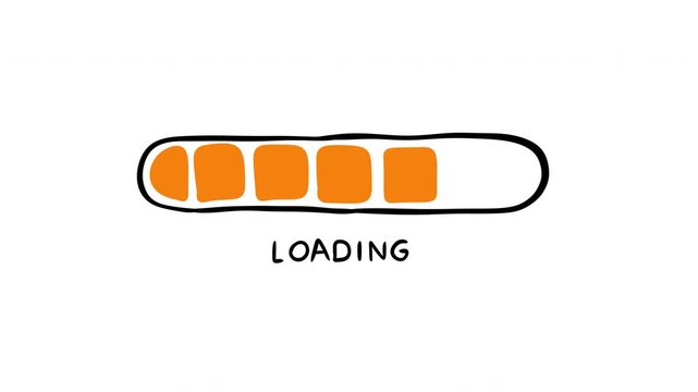Doodle style loading progress bar or loading indicator with orange rectangular segments inside hand drawn frame. Scribble 2d cartoon animation for game or digital interface.