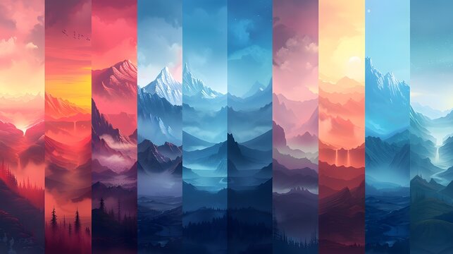 Abstract mountain landscapes with vibrant atmospheric color gradients in vertical panels