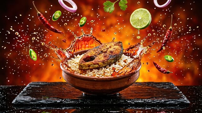 Bengali panta bhat with fried fish splash in traditional clay pottery.