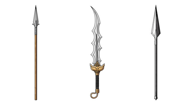 golden ceremonial spears with flame motif isolated on white background