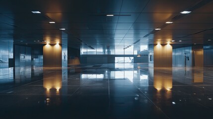 Fototapeta premium Contemporary architecture creating a minimalist interior space, featuring a polished floor with light reflections and warm glowing pillars, offering a sense of modern design and future