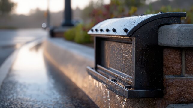 Wet metal mailbox standing on a concrete and brick wall with water dripping off, creating reflections on the wet driveway during an early morning rain
