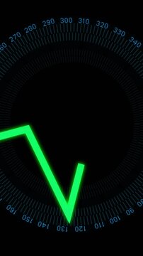 Vertical video: On data feed green trace drawing clockwise on gauge with deg labels for data viz