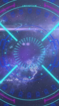 Vertical video: Activating HUD projecting rotating rings and cyan X beams, scanning nebula backdrop