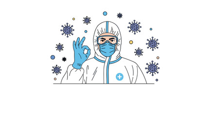Obraz premium Healthcare worker wearing a full protective hazmat suit mask and goggles making an okay sign during a health crisis.