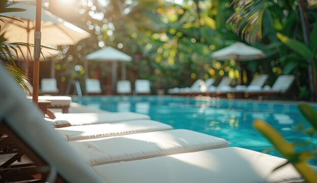 Vibrant blue pool lined with white sunbeds amidst lush tropical greenery and bright sun