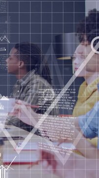 Vertical video: Tech team noting, host showing charts on table moving bars to rising graph to learn