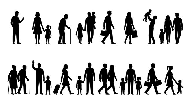 People silhouette collection, diverse family and crowd vector set, human icons