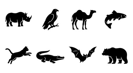Obraz premium Black Animal Silhouettes, 8 Wildlife Vector Icons, Minimalist Nature Set