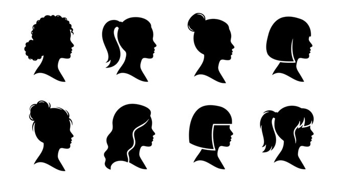 Woman profile silhouette set, 8 female head icons, hair style vector