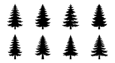 Obraz premium Pine tree silhouette set, 8 evergreen conifer icons, black forest vector