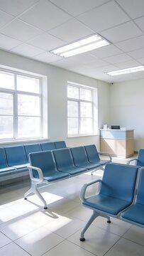 Generative Ai depicts a bright and modern waiting area with blue chairs