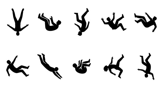 Falling person silhouette set, 10 man falling down icons, vector graphics