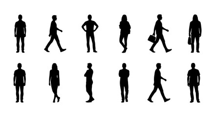 Fototapeta premium People silhouette set, walking and standing human figures, 12 vector icons