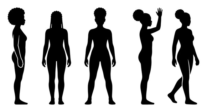 Black woman silhouette set, female body profile, 5 vector lady icons