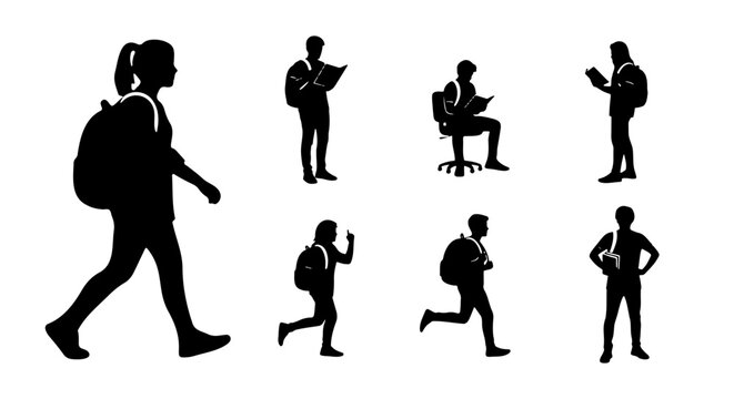 Student silhouette collection, school children with backpacks vector set