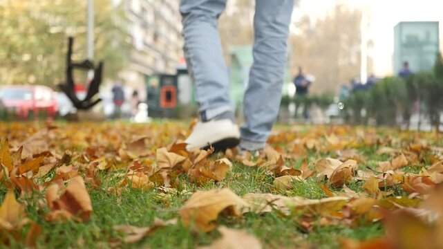 Man legs in jeans and white sneakers walking through lush autumn leaves in city. Camera follows from low angle. Autumn walk on nice day. White sneakers. Lone man. Romantic mood