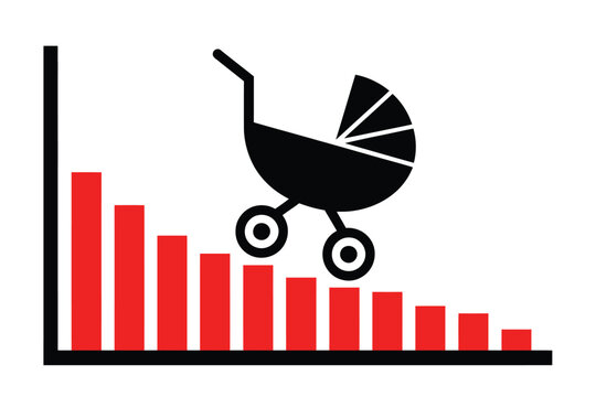 Birth Rate Is Decreasing And Declining, Low And Negative Fertility Rate Chart, Population And Natality Illustration, Demographic Change Graphics, Social Issue Concept