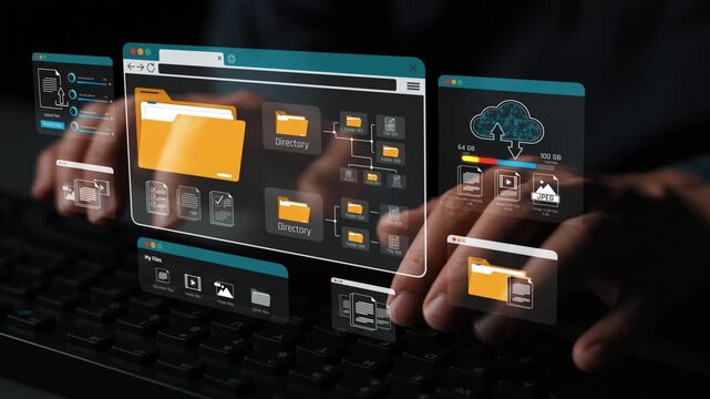 Hands Typing on Keyboard with Virtual Screen Displaying Digital Files, Directories, and Cloud Storage for Modern Workflow Management Sigmoid