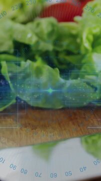 Vertical video: Camera sliding focusing lettuce on board blade exiting HUD measuring for food prep