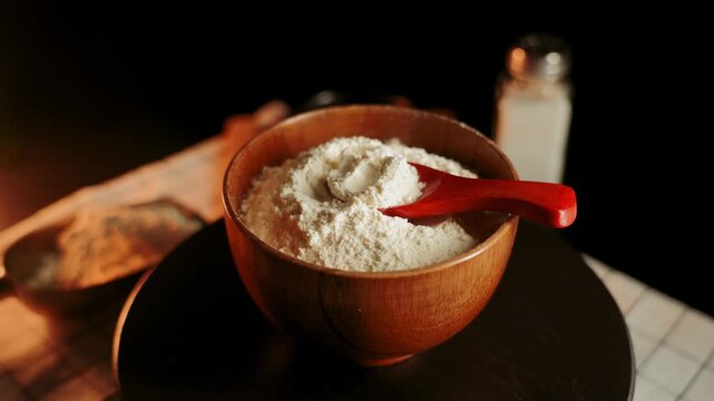 Using flour to make dough in a kitchen setting with utensils and baking supplies around