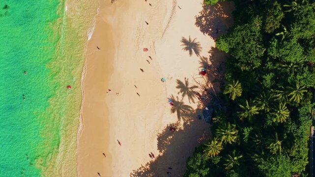 Aerial top view Tropical Banana beach Phuket with Turquoise clear water. Amazing travel landscape photo of Thailand.