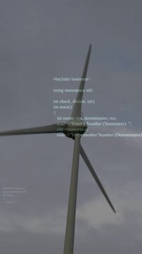 Vertical video: Wind turning turbine blades, panning camera, code overlay drifting, showing energy