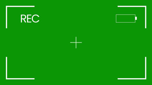 DSLR camera frame viewfinder overlay with digital recording interface, streaming footage display, blinking REC icon animation, timer counter, battery status cinematic camera overlay on green screen 4K