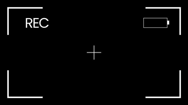 Camera recording screen overlay with DSLR viewfinder frame, streaming recorder interface, digital timer, blinking REC icon, battery indicator,cinematic camera HUD overlay animation on black background