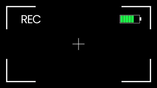 4K camera recording screen overlay template with DSLR viewfinder frame, digital recorder interface, blinking REC icon,timer data, battery indicator, cinematic filming overlay animation on Black screen