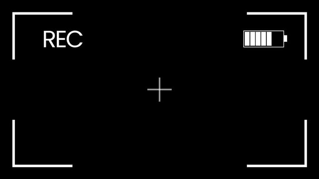 Professional camera recording overlay with DSLR frame viewfinder, streaming footage interface, digital timer counter,blinking REC icon, battery status cinematic camera HUD animation on black backgroud