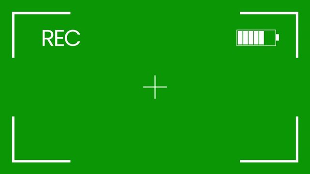 4K DSLR camera viewfinder overlay with streaming recorder footage display, digital interface timer, blinking REC recording icon, battery indicator cinematic video camera screen overlay on green screen