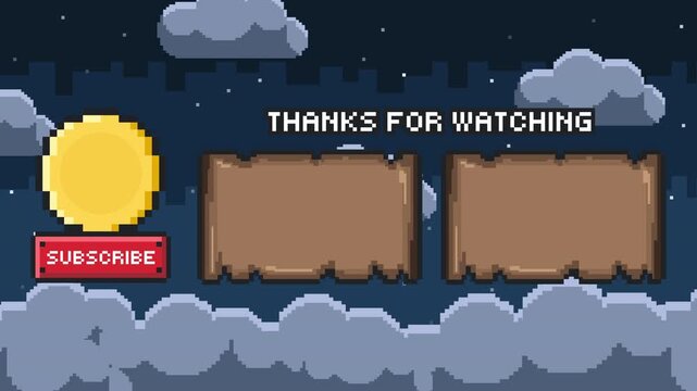 Pixel game end credits interface with wooden frame magnifier icon and subscribe element retro style outro animation Prores 4K 60fps
