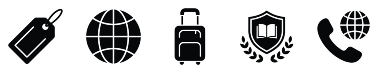 Obraz premium Set of black glyph icons featuring price tag, globe, travel suitcase, education shield, and international call symbol, ideal for digital interfaces, business services, and informational