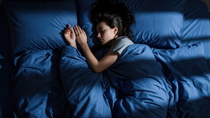 Fototapeta premium Peaceful young woman sleeping in blue bedding, deep REM sleep for circadian rhythm health