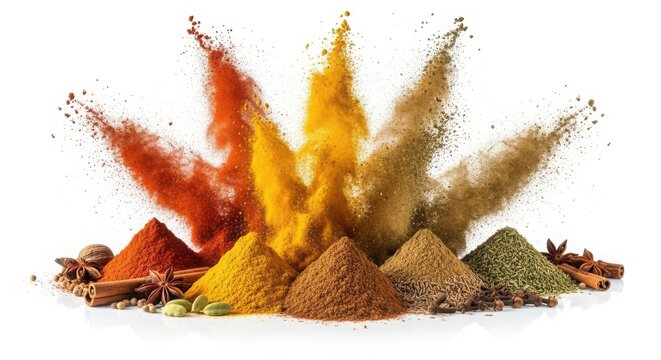 Colorful spice explosion with aromatic powder clouds, vibrant seasoning assortment for culinary design, exotic spices and herbs in motion isolated on White Background