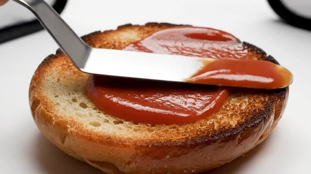 Spreading tomato sauce onto a toasted bread bun to create a savory breakfast or snack on white background