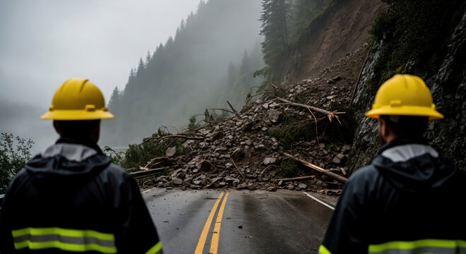 Emergency Response Crew Assessing Mountain Road Landslide Damage After Storm