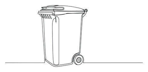Obraz premium Continuous one line drawing of a wheeled garbage bin with lid, symbolizing waste management and environmental responsibility, perfect for sustainability projects