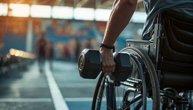 Mid-shot of a person in a wheelchair lifting dumbbells in a stadium gym. Blurred athletes in the background emphasize effort and determination.