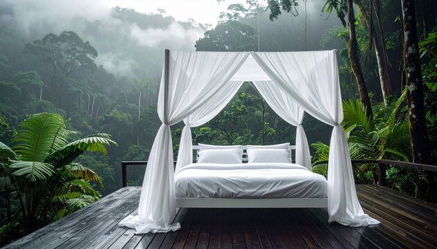Luxury canopy bed with white linens on a wooden deck overlooking a misty tropical rainforest jungle at a high end eco resort getaway